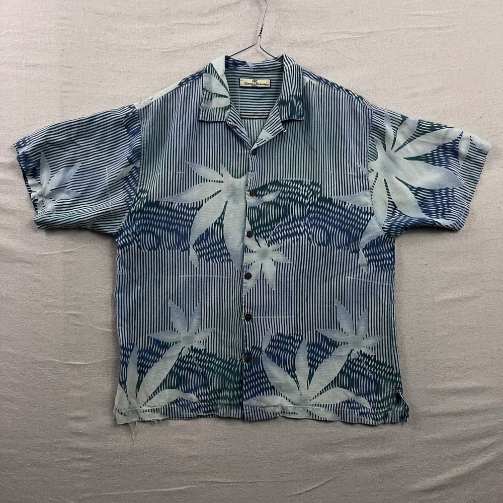 Tommy Bahama Button Down Shirt Men L Blue Green Tropical Leaf Striped Camp Shirt